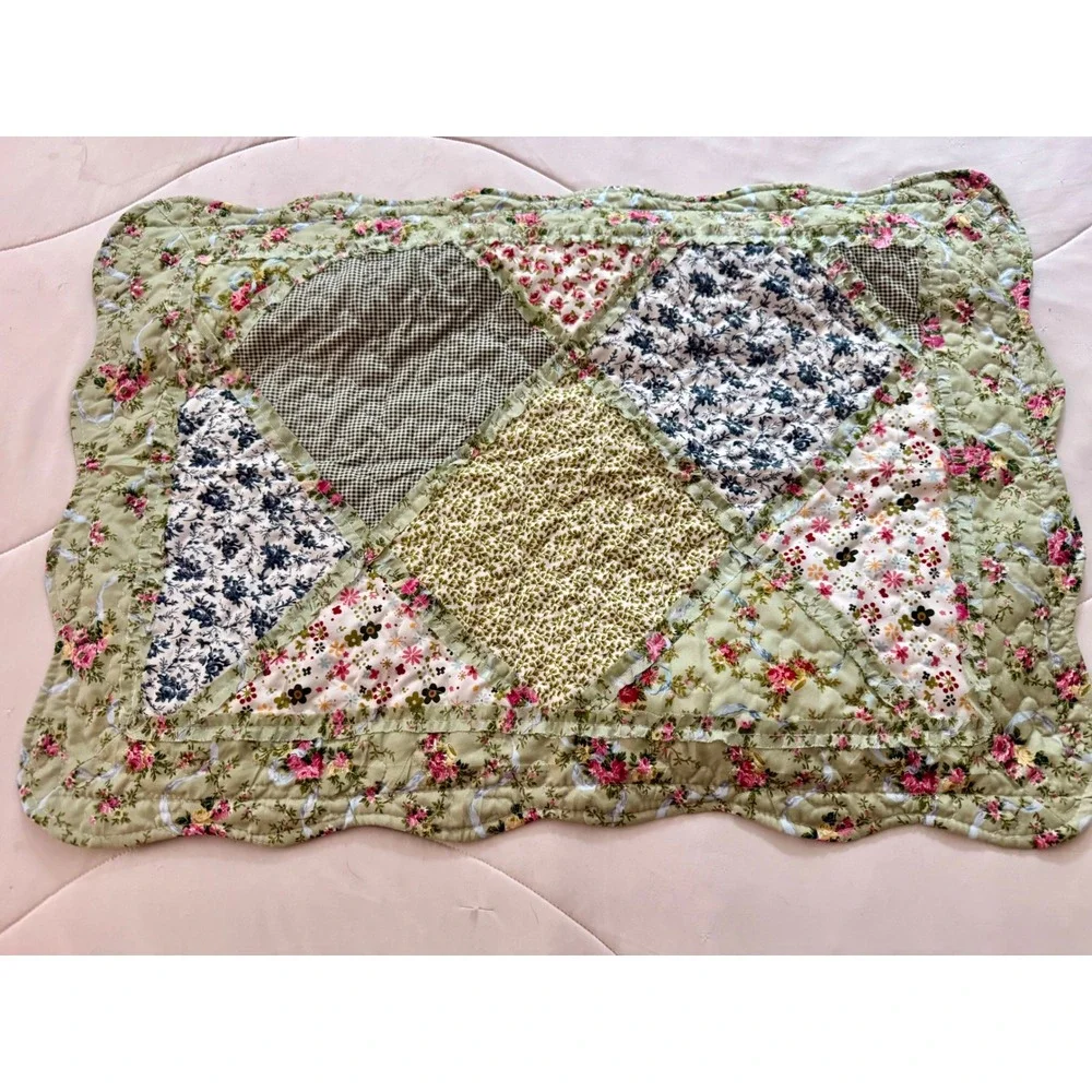 Vintage Patchwork Quilted Pillow Sham Sage Green Floral Gingham Scalloped Edge